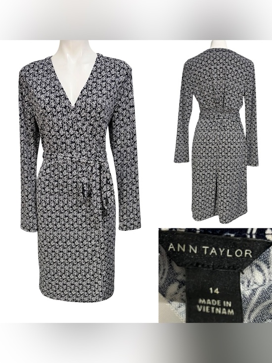 Ann Taylor Dresses & Skirts - Ann Taylor wrap dress 14 dark blue/white floral long slv stretch office church